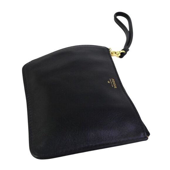 NWT Fossil BLACK GENUINE LEATHER ZIP TOP HANDBAG CLUTCH WRISTLET WALLET POUCH - Picture 6 of 12
